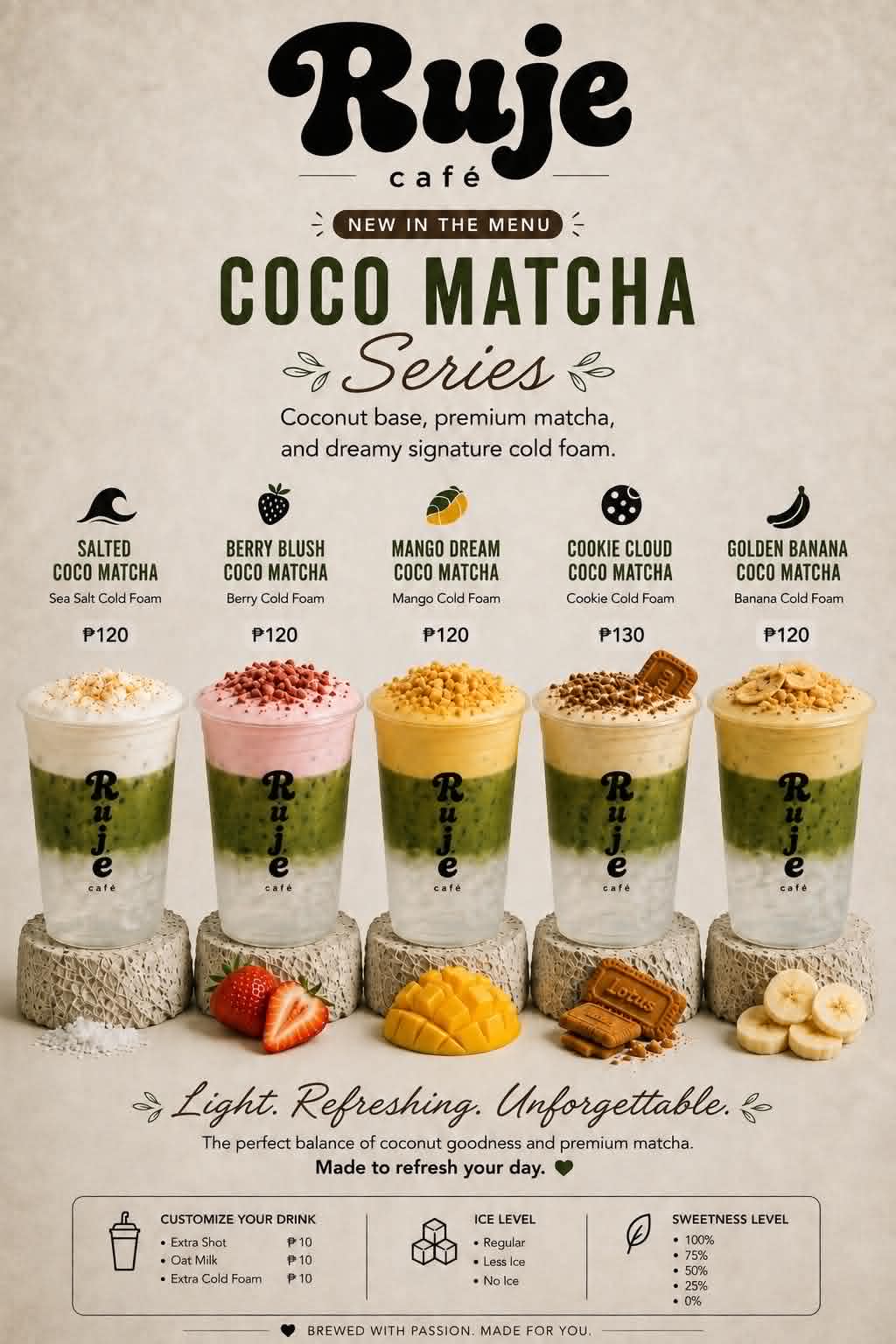 Ruje Café menu card with prices: the new Coco Matcha Series, ₱120 to ₱130, coconut base with premium matcha