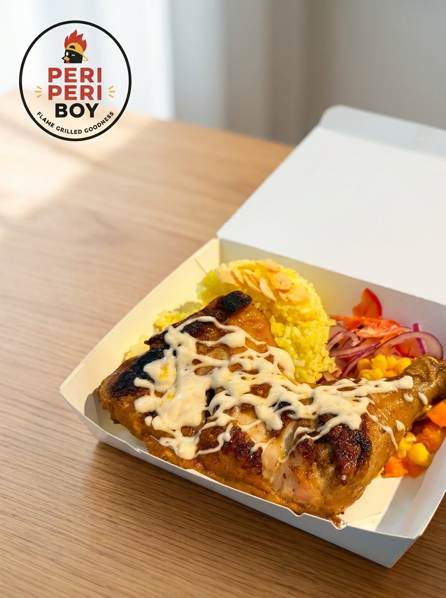 PeriPeriBoy's chicken rice meal: charcoal-grilled peri-peri chicken over yellow rice with pickled salad, in a takeaway box