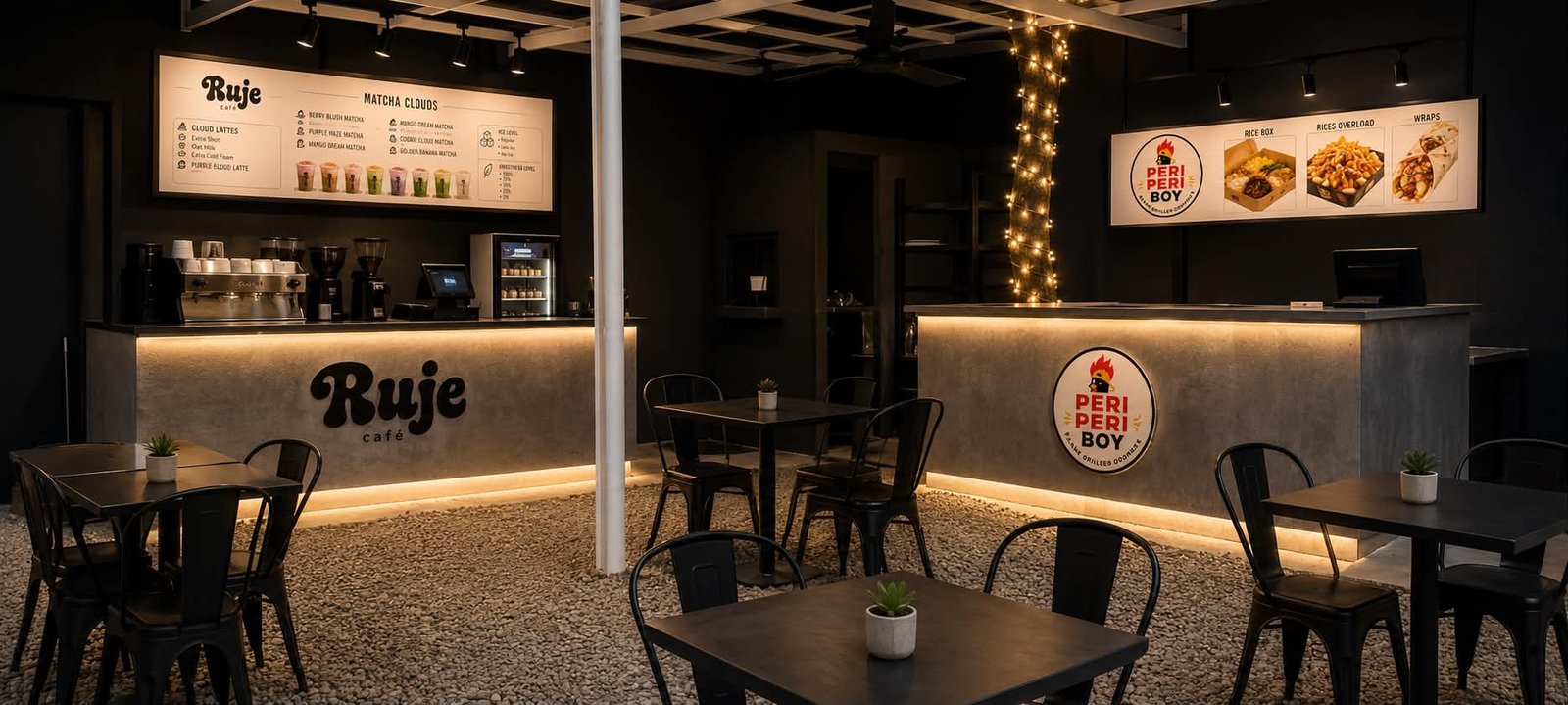 Inside the venue at night: the Ruje Café counter and the PeriPeriBoy counter side by side under warm lights